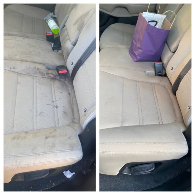 reviewer side by side before and after images of a stained beige car seat becoming stain-free and clean