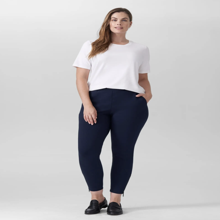 model wearing the navy pants