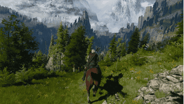 Gameplay of Geralt riding his horse across a lush landscape