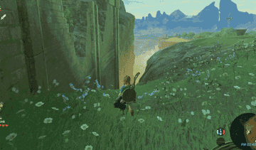 Gameplay of Link riding down a hill on his shield like a snowboard