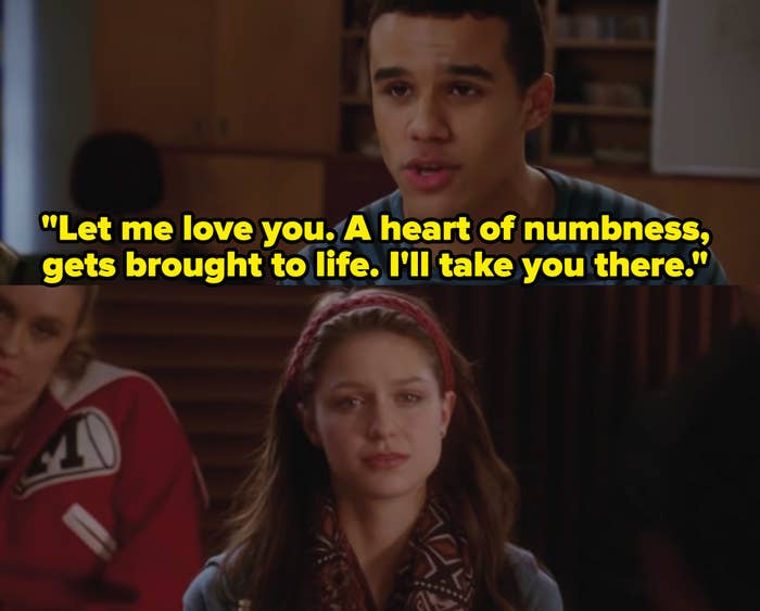 Jake Puckerman wears a lightly colored striped shirt and Marley Rose wears a brightly colored patterned scarf and headband