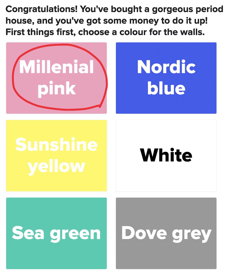 A question asking you to choose a color for the walls