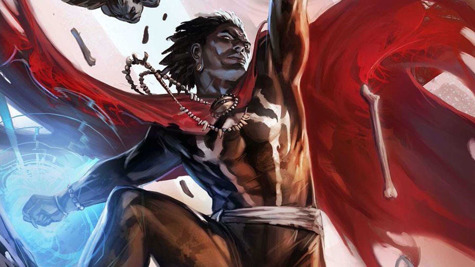 comic of Doctor Voodoo with a red cape, blue orb, and fist in the air