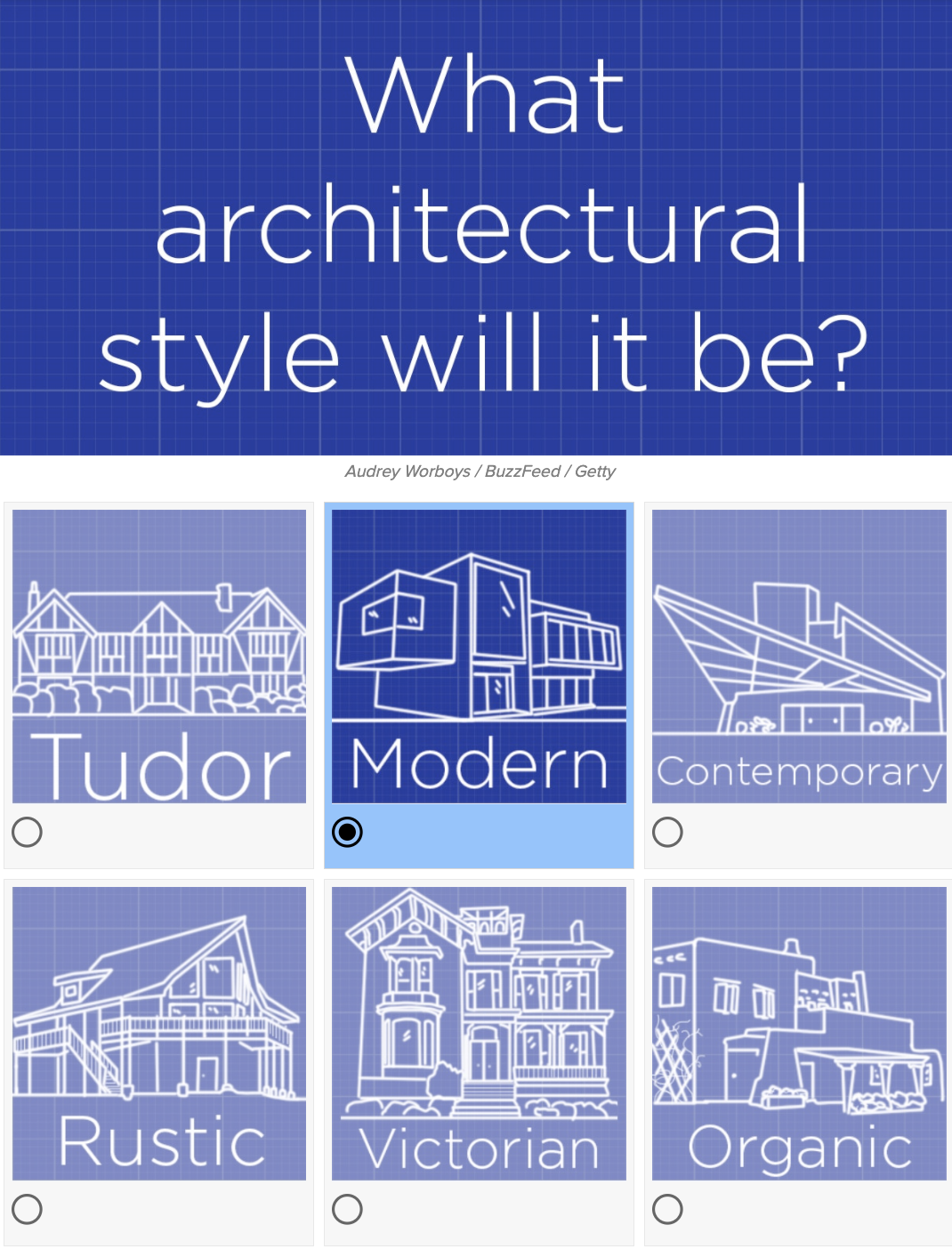 A question in the quiz asking what architectural style your home will be