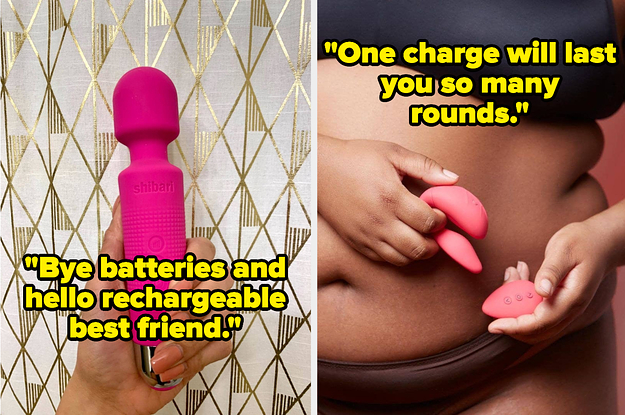 Model holding pink mini wand vibrator and model posing with pink couple's vibrator