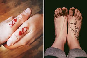 matching king and queen finger tattoos on the left and a map of the world tattooed on a foot on the right