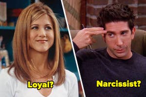 Rachel is on the left looking towards Ross, and he is on the right pointing gun fingers to his head.