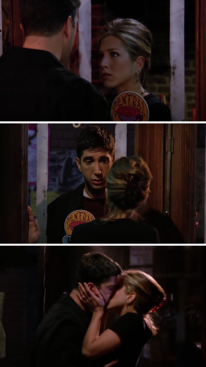 Ross coming to the cafe and kissing Rachel