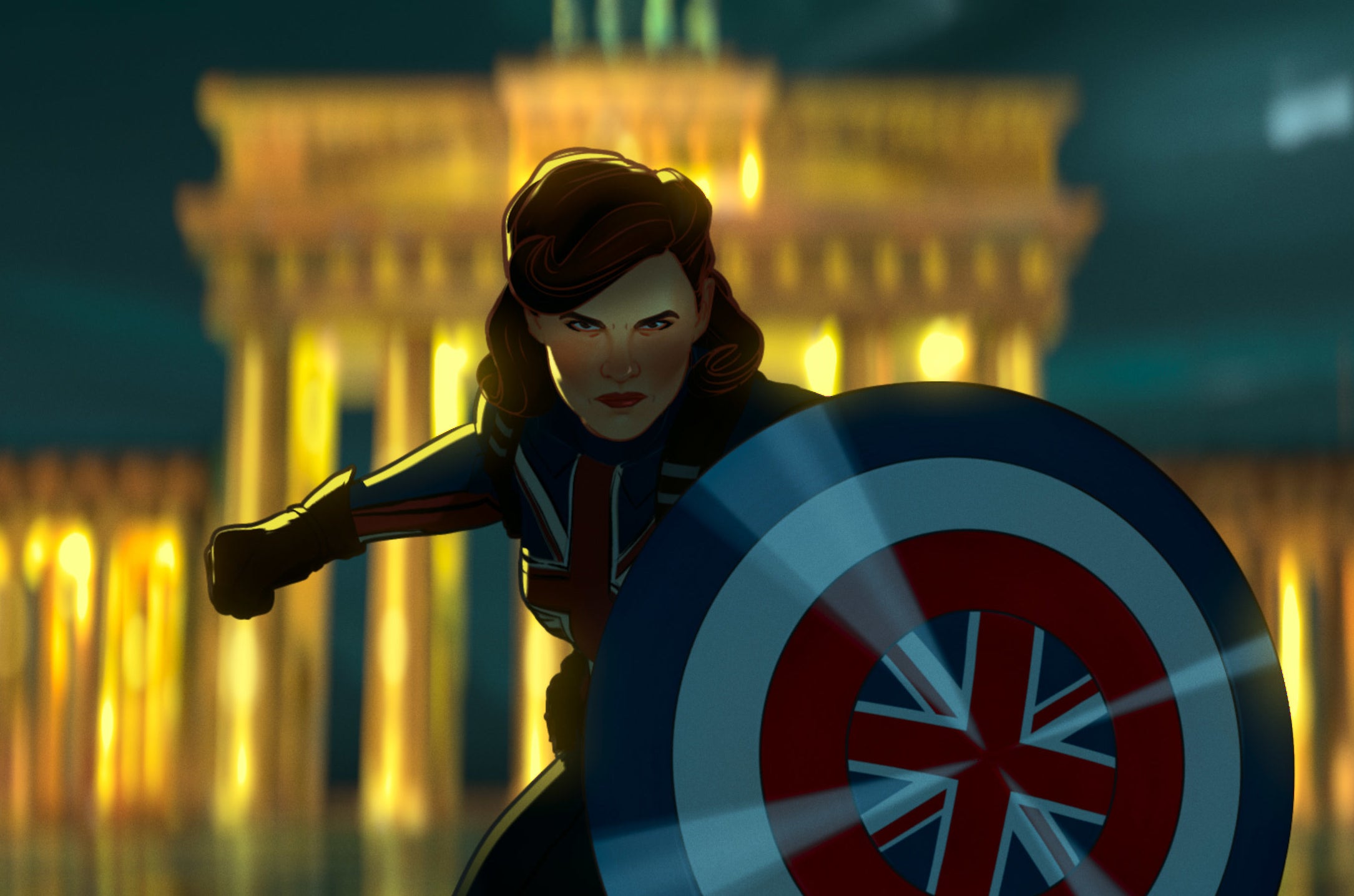 Agent Carter stands with a shield in a fighting pose