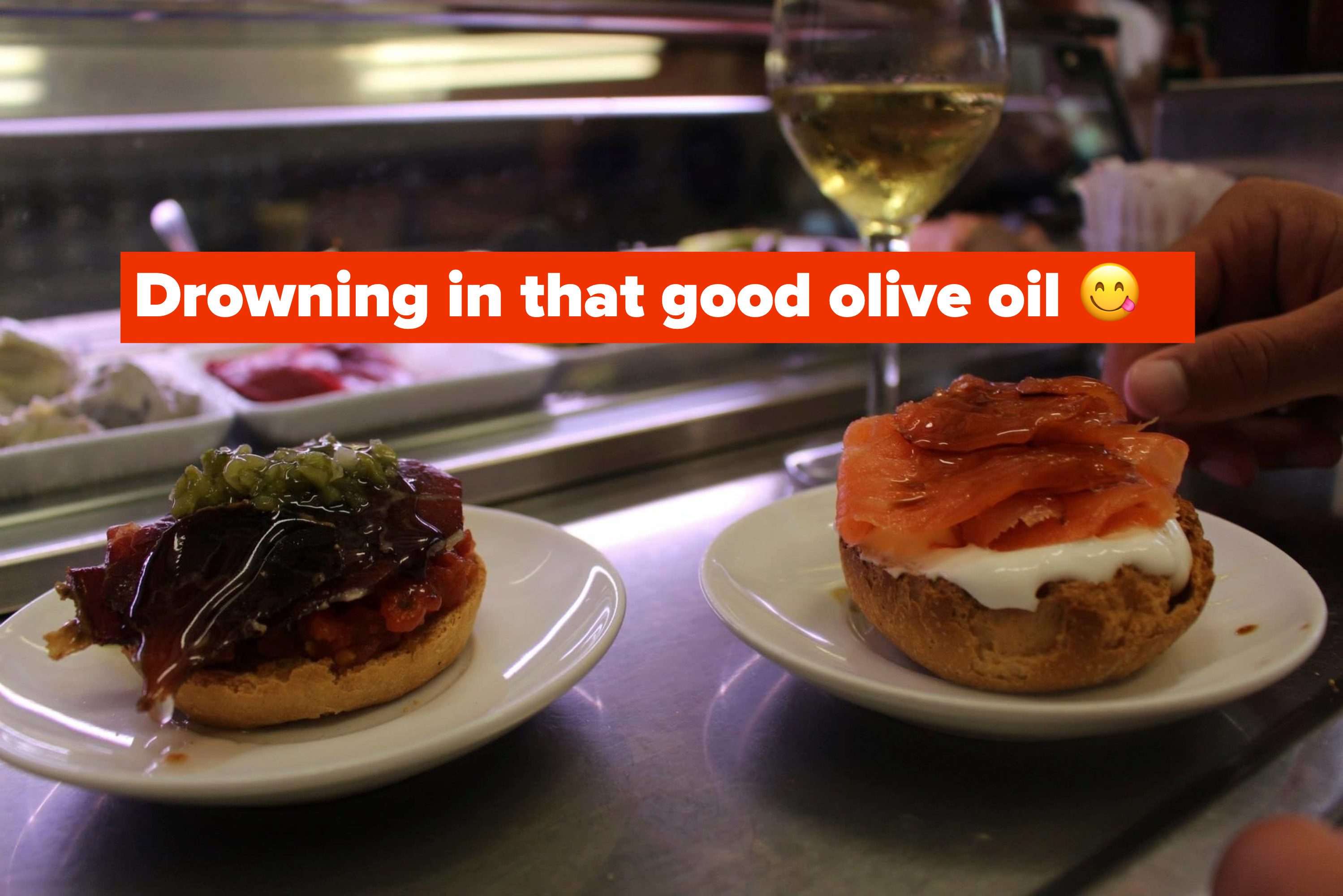 Tapas covered in olive oil.
