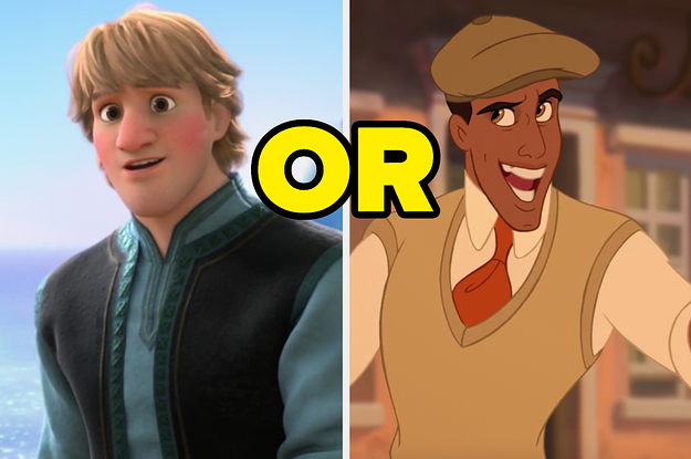 On the left, Kristoff from Frozen, and on the right, Prince Naveen from The Princess and the Frog with or typed in the middle