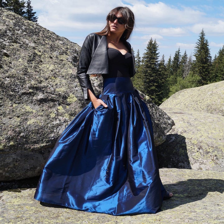 front of model wearing the blue skirt