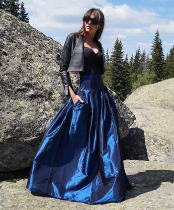 front of model wearing the blue skirt