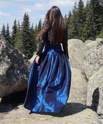 back of model wearing the blue skirt