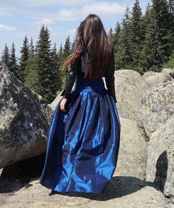 back of model wearing the blue skirt
