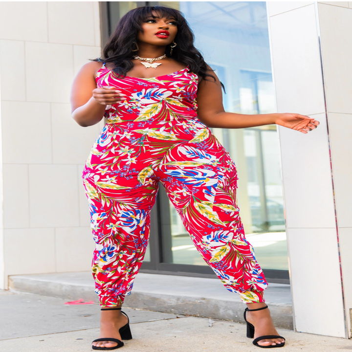 front of model wearing the red jumpsuit