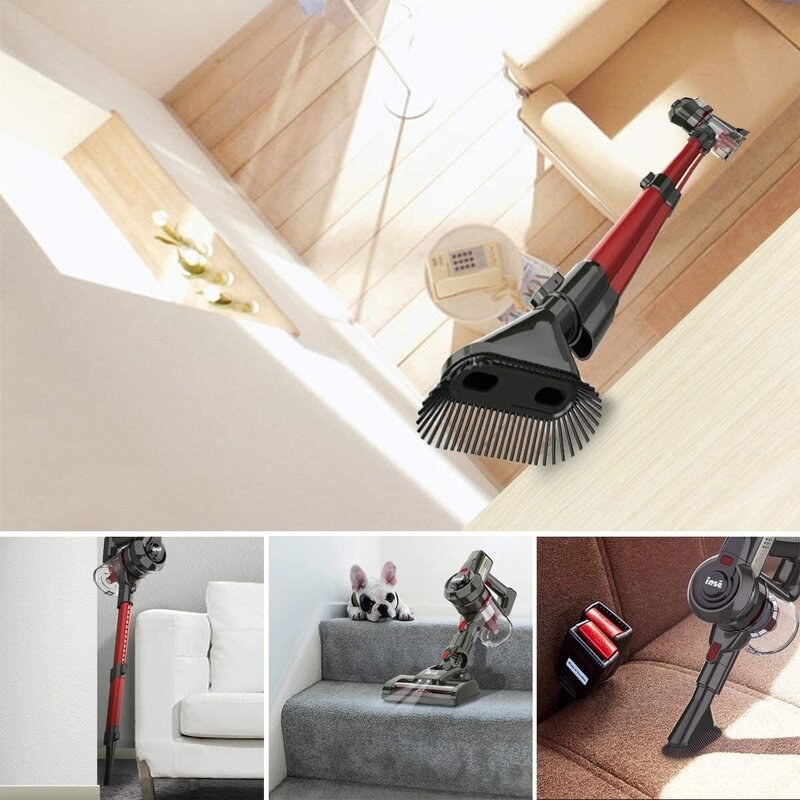 Four images that show the vacuum cleaning in hard to reach places like between the couch and in the car