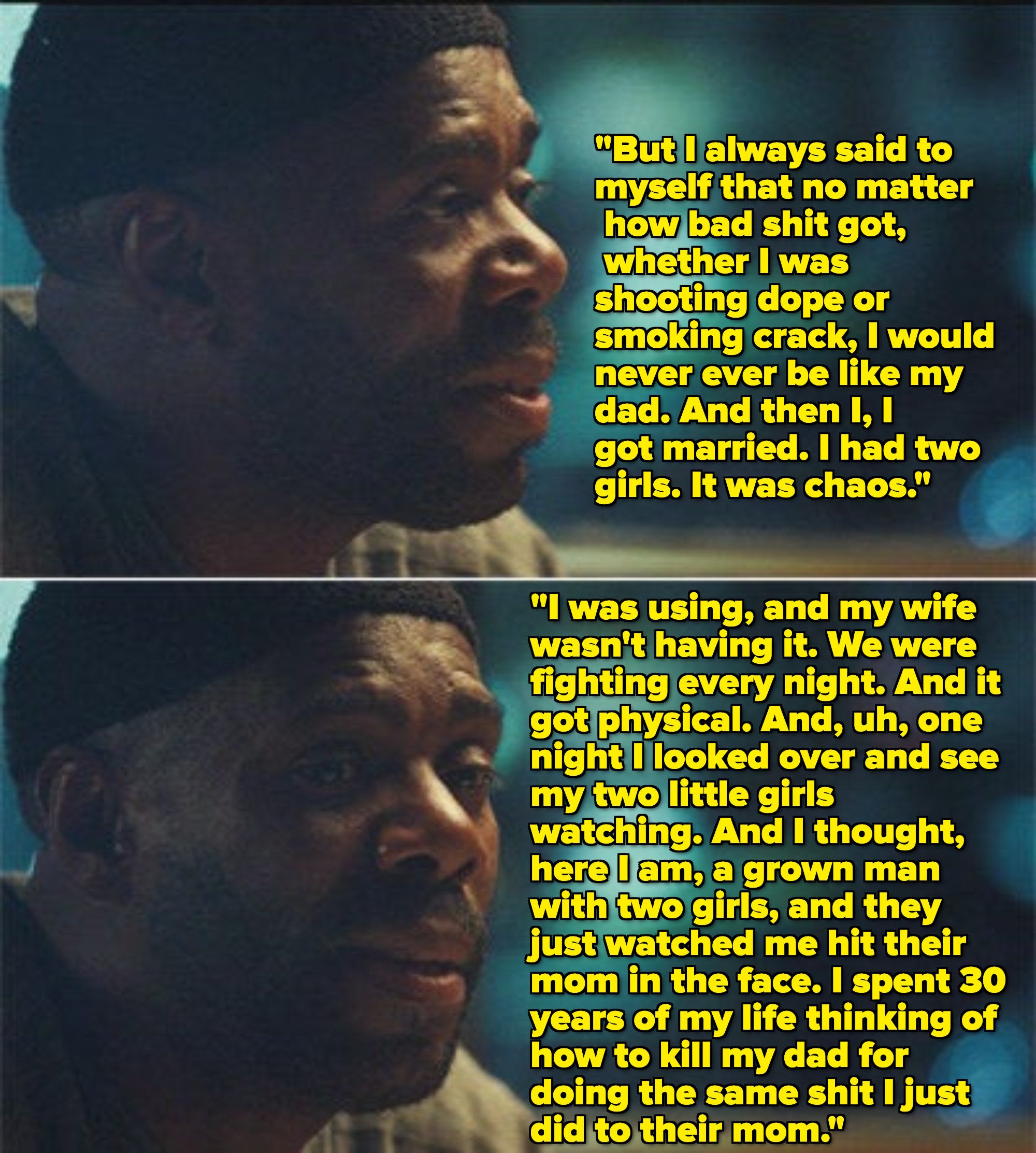 Ali telling Rue about when he hit his wife when he was using drugs despite it going against everything he believed in