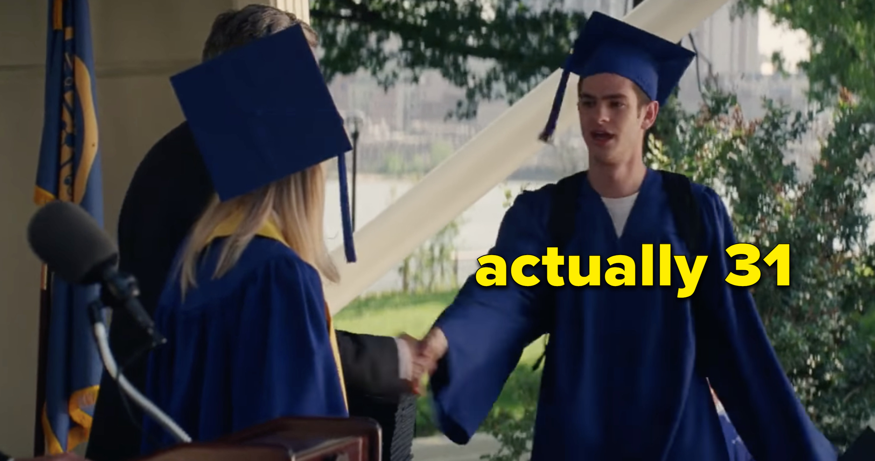 Andrew Garfield as Peter Parker graduating high school, but he&#x27;s actually 31