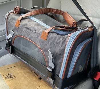 a reviewer photo of the pet carrier secured in the back seat of a car with a seat belt