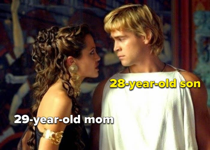 Angelina Jolie and Colin Farrell in Alexander with caption &quot;29-year-old mom&quot; and &quot;28-year-old son&quot;