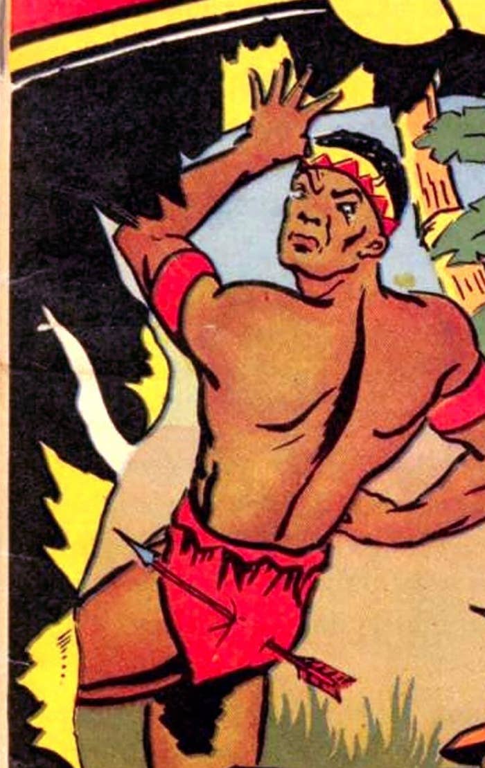 A comic of the first Black super hero in red bottoms with an arrow striking through