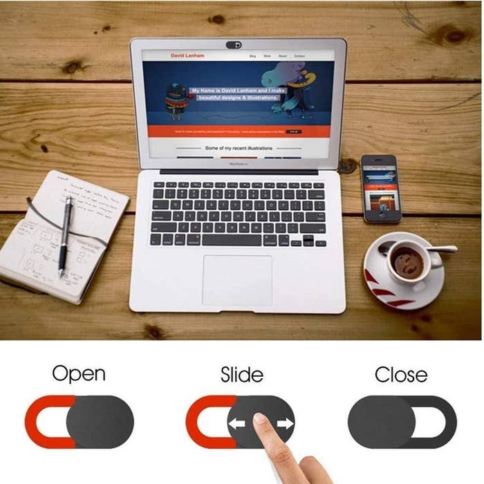 The webcam on a laptop, and a diagram to indicate slide to open/close positions