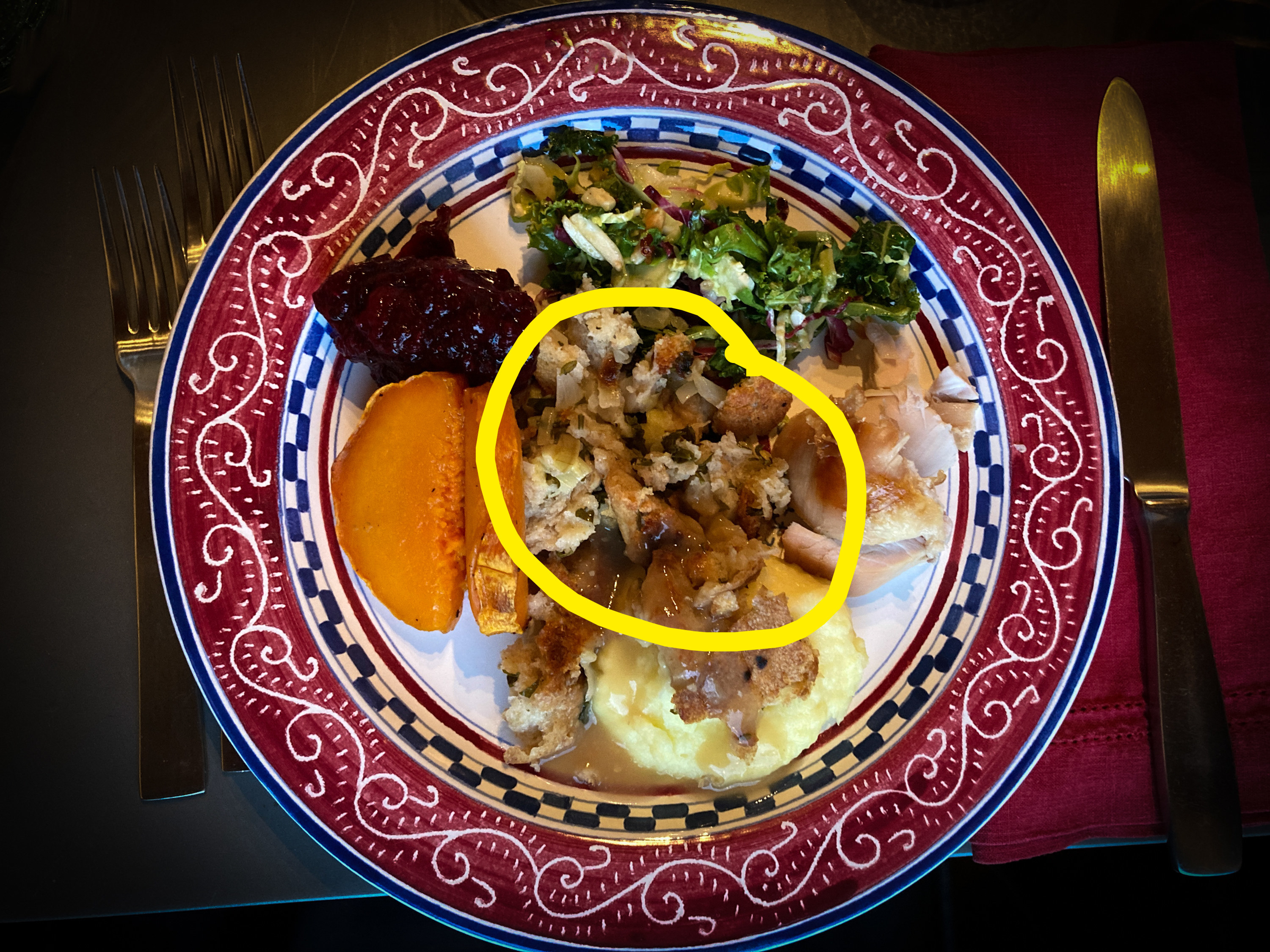 Circle around Stove Top stuffing on a Thanksgiving dinner plate