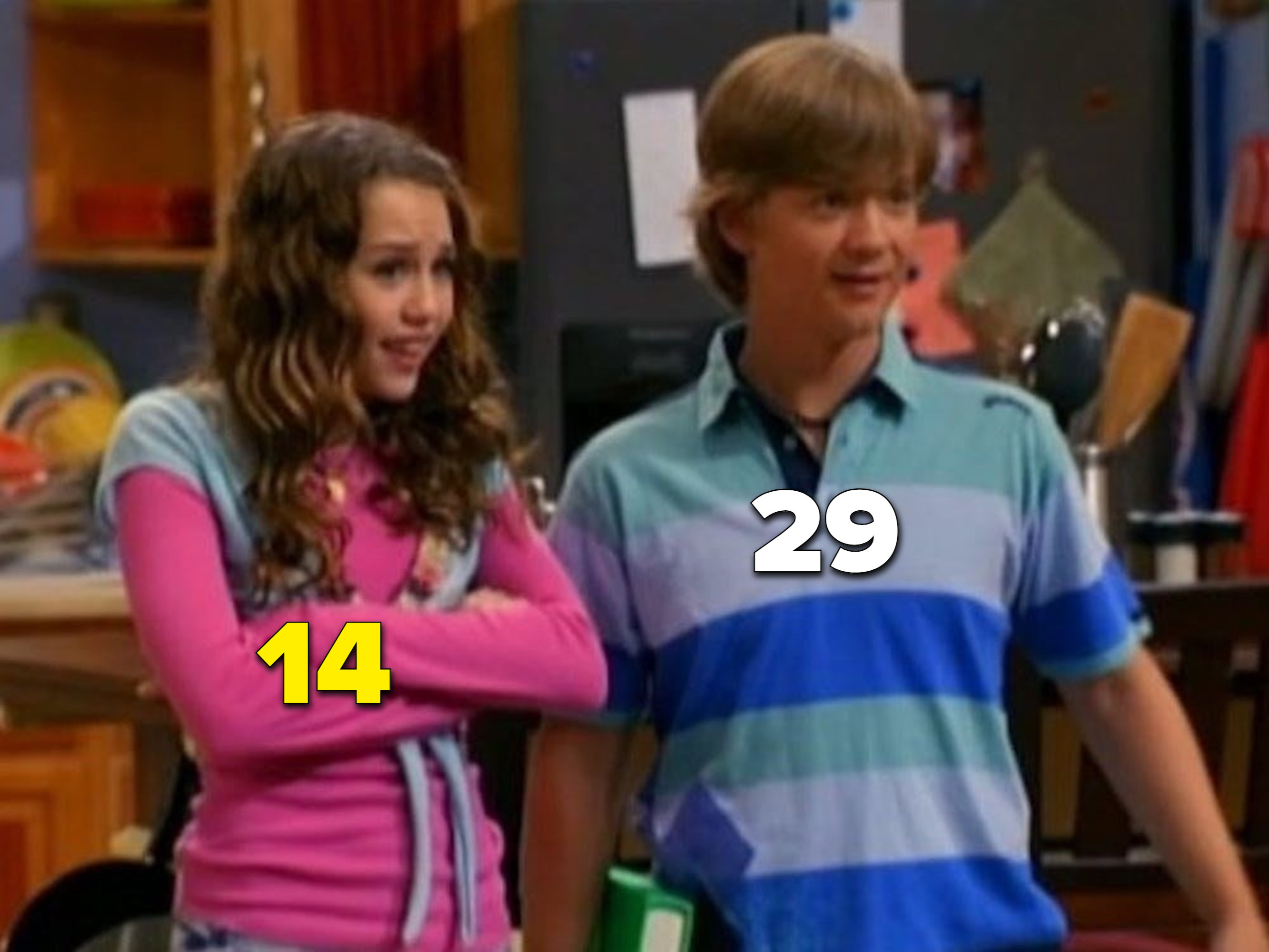 Miley Cyrus at 14 and Jason Earles at 29