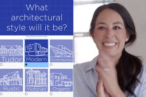Joanna Gaines next to a question asking which architectural style the home will be