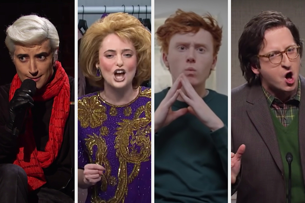 On the left, Aristotle Athari singing on SNL, then Sarah Sherman on SNL, then Ben from Please Don't Destroy on SNL, and on the right, James Austin Johnson on SNL