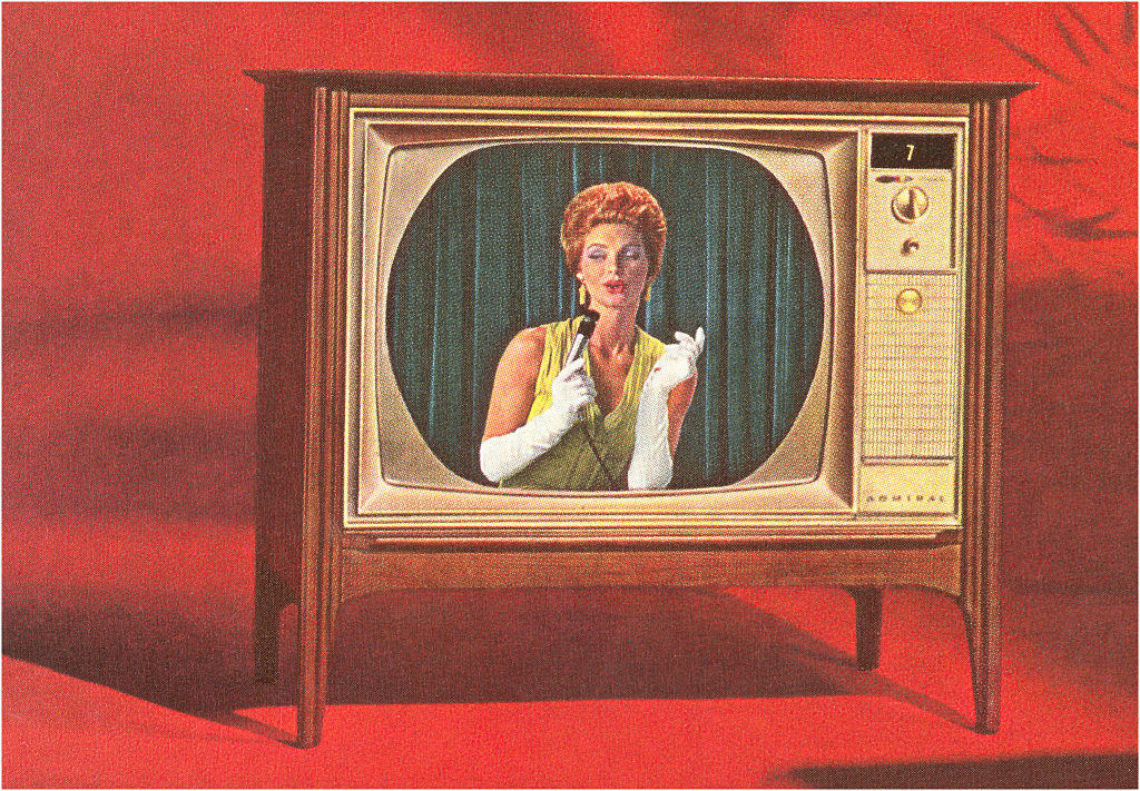 illustration of a television set with a redhead wearing opera-length white gloves and a yellow gown, on a red background