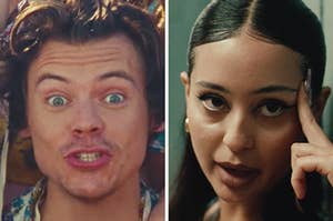 On the left, Harry Styles in the Watermelon Sugar music video, and on the right, Maddy from Euphoria leaning up against a locker