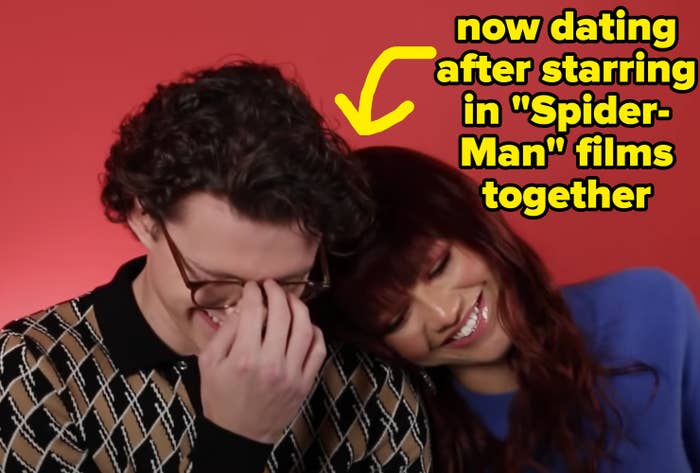 Zendaya resting her head on Tom Holland&#x27;s shoulder labeled &quot;now dating after starring in &quot;Spider-Man&quot; films together&quot;