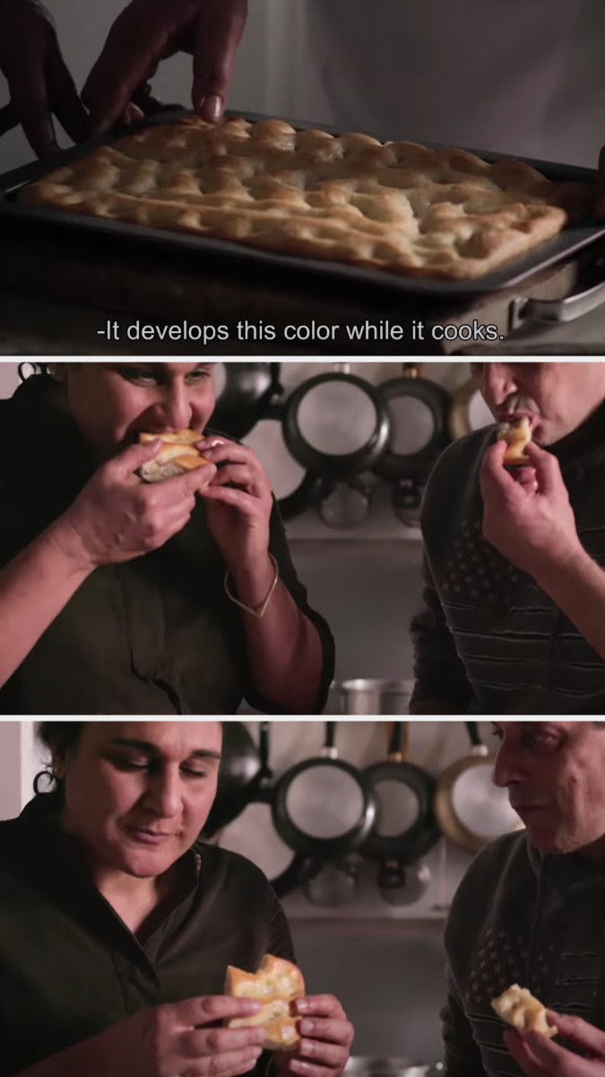 A freshly baked focaccia coming out of the oven, while host Samin Nosrat bites into it and smiles while she enjoys it