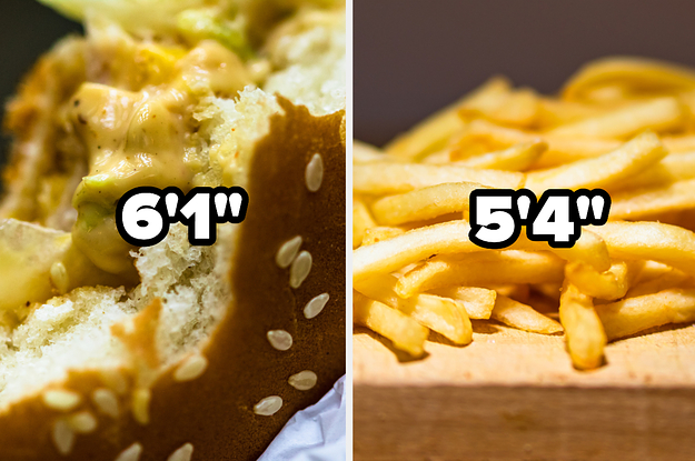 cheeseburger captioned "6'1" and fries captioned "5'4"