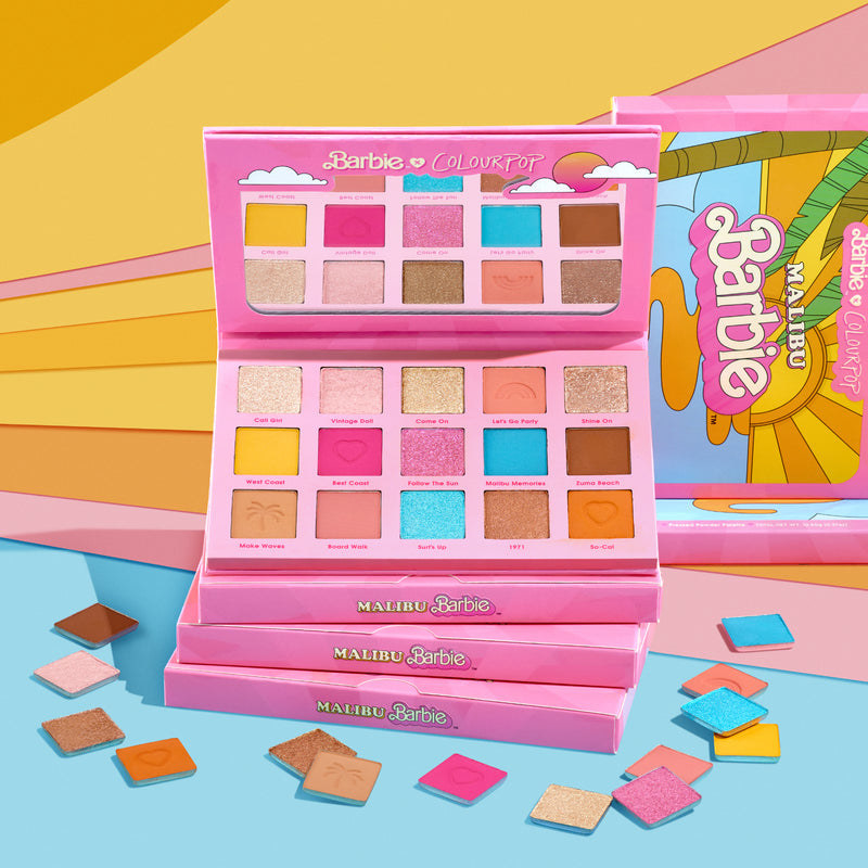 pink Barbie-inspired eyeshadow palette with pink, yellow, and blue tones