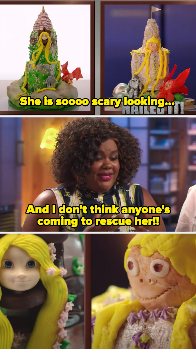 Nicole Byer describing a Rapunzel cake as &quot;scary,&quot; and that &quot;no one&#x27;s coming to rescue her&quot; while laughing