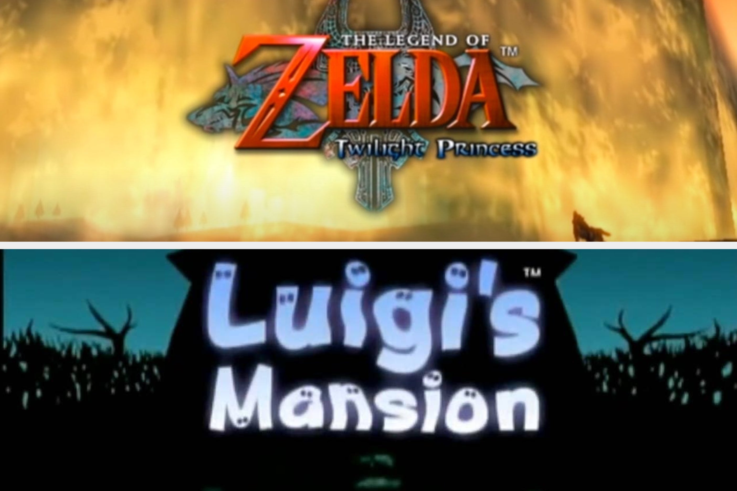 The title screen for "The Legend of Zelda: Twilight Princess"/The title screen for "Luigi's Mansion"