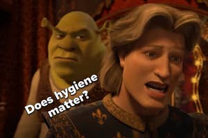 Shrek is behind Prince Charming labeled, "Does hygiene matter?"