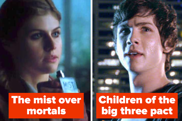 Annabeth in "Percy Jackson" holding a can of mist with a red arrow pointing towards it. Percy Jackson standing, looking triumphant. 