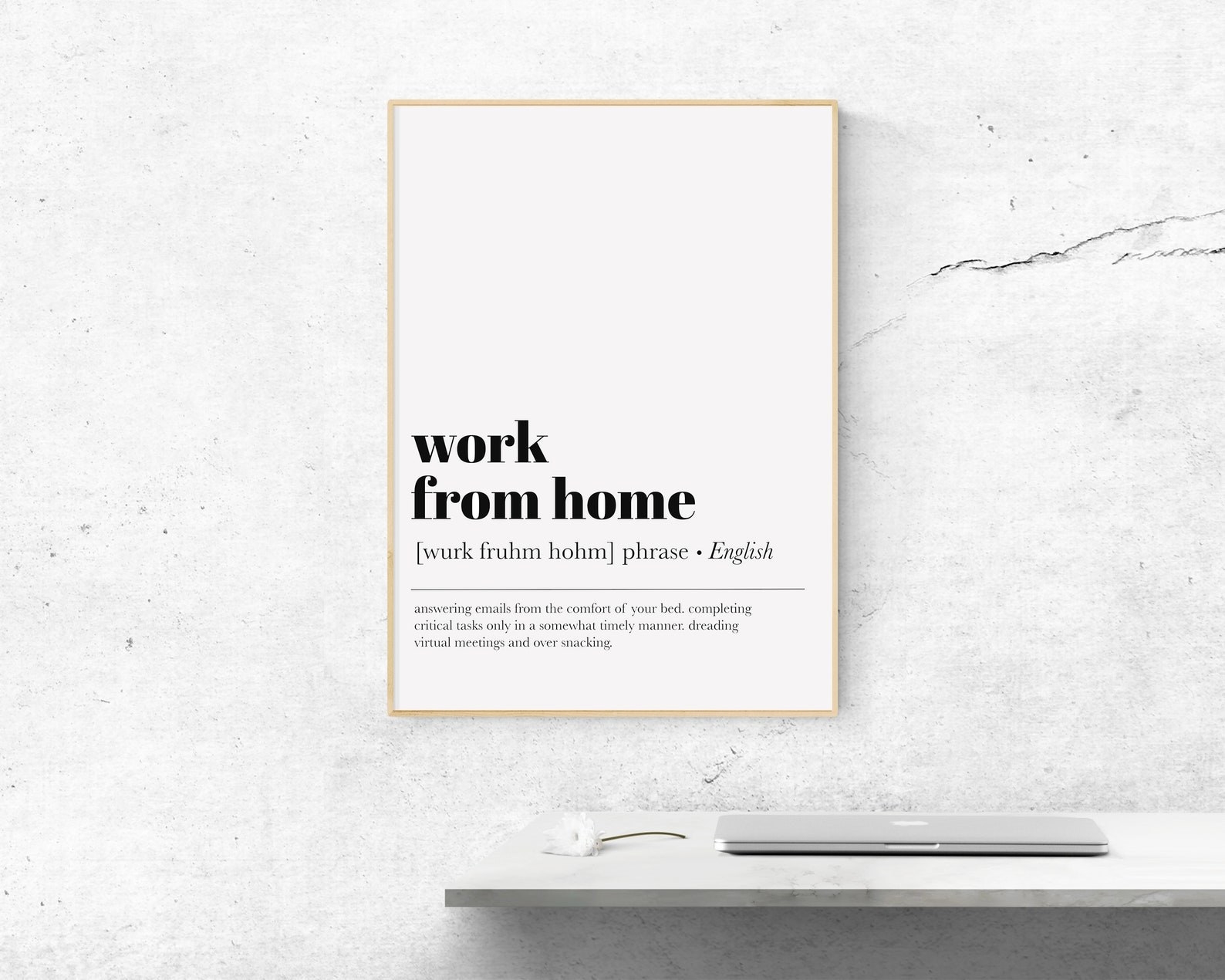 digital art print that says &quot;work from home&quot; in front of marble desktop