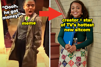 (Left) Quinta Brunson in early comedy sketch (Right) Quinta as Janine in "Abbott Elementary"