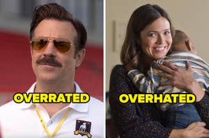 On the left, Jason Sudeikis as Ted Lasso labeled overrated, and on the right, Mandy Moore as Rebecca on This Is Us labeled overhated