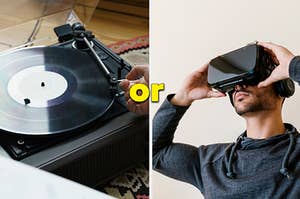 record player and a man in a VR headset