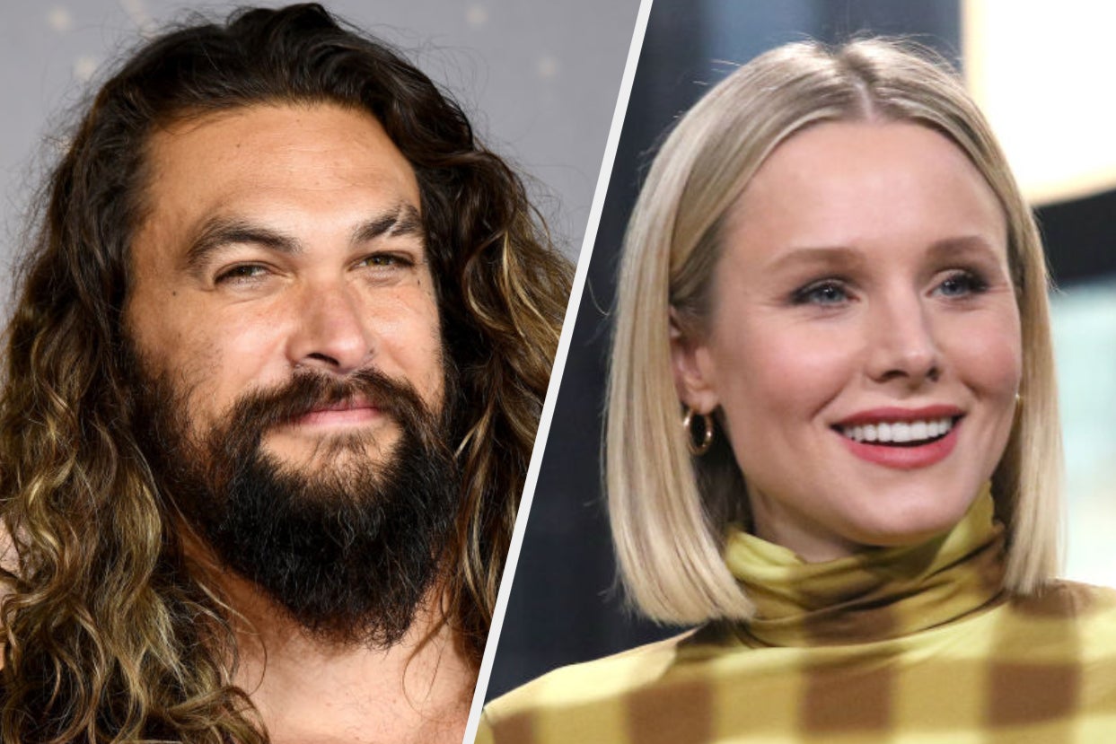 A close up of Jason Momoa and Kristen Bell as they both smile