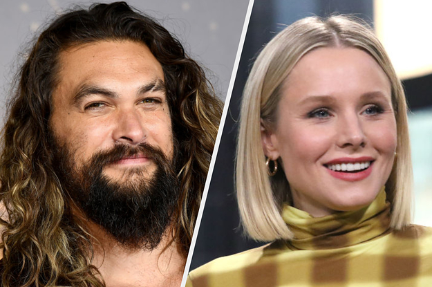 A close up of Jason Momoa and Kristen Bell as they both smile