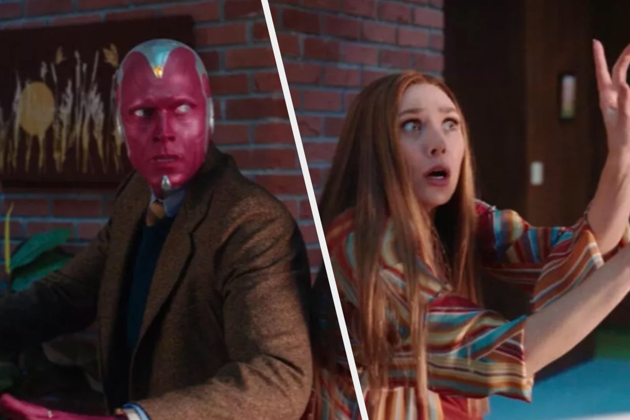 Wanda Maximoff and Visions stand back to back in their living room
