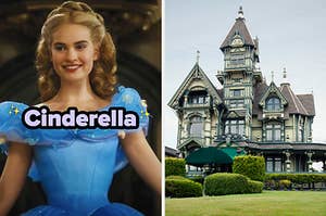 On the left, Lily James as Cinderella in the live-action movie, and on the right, a Victorian-style house