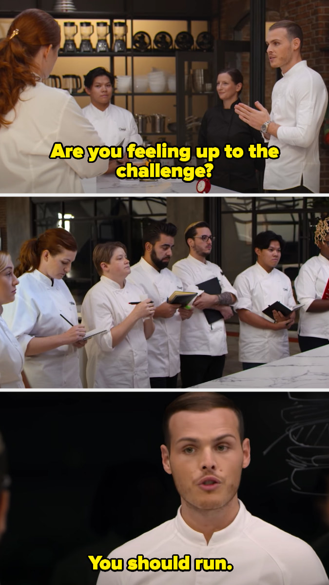 Host Amaury Guichon asking students if they&#x27;re &quot;up to the challenge,&quot; met with blank stares from the contestant...and Amaury responding with, &quot;You should run&quot;